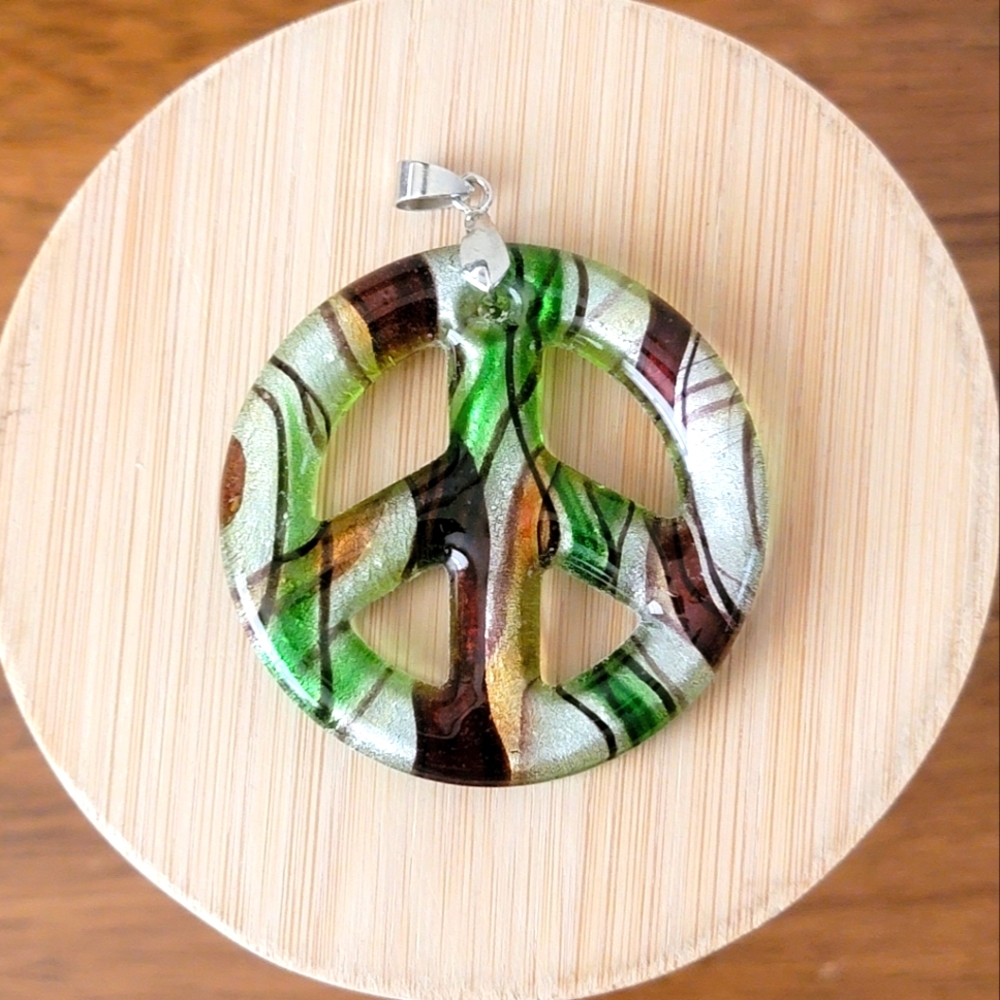 Glass Peace Sign Pendant 18k Gold Plated Bale, Green And Brown Boho